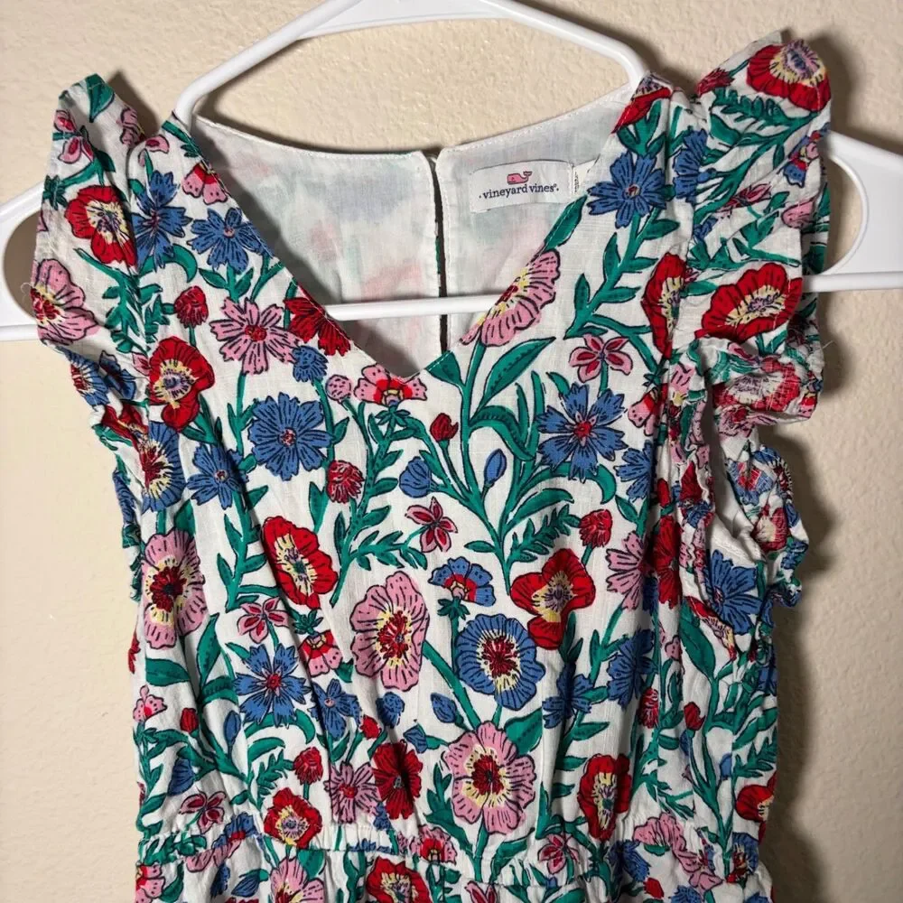 Vineyard Vines Dress Girl's Small Floral V-Neck Ruffle Sheath Colorful 7-8